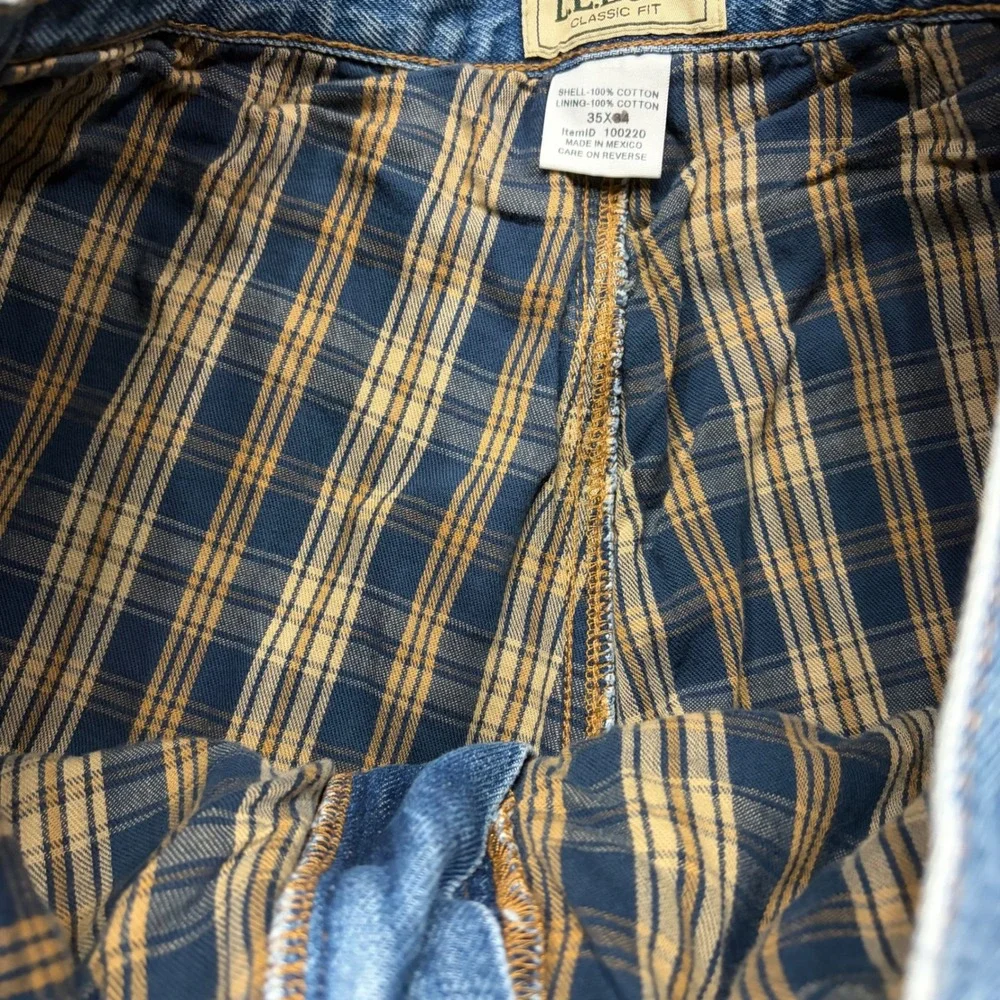 LL Bean Flannel Lined Jeans Mens 35x30 Classic Fit Medium Wash Blue Plaid